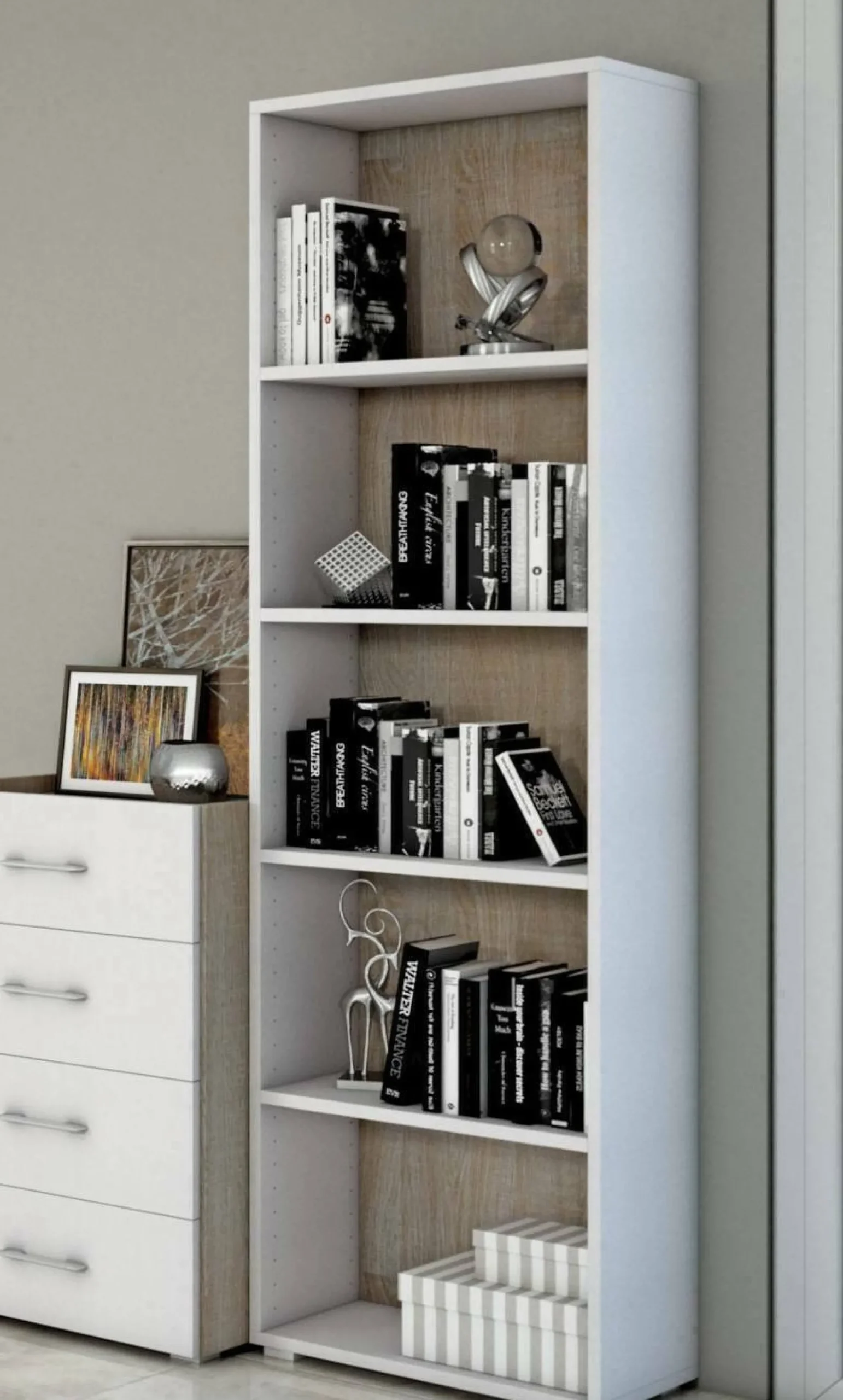 Libreria Allevien, 60x30h195 cm, Bianco e Rovere<Dmora Sale