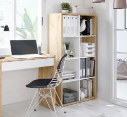 Libreria Alliers, 72x33h137 cm, Rovere effetto nodi e Bianco<Dmora Outlet