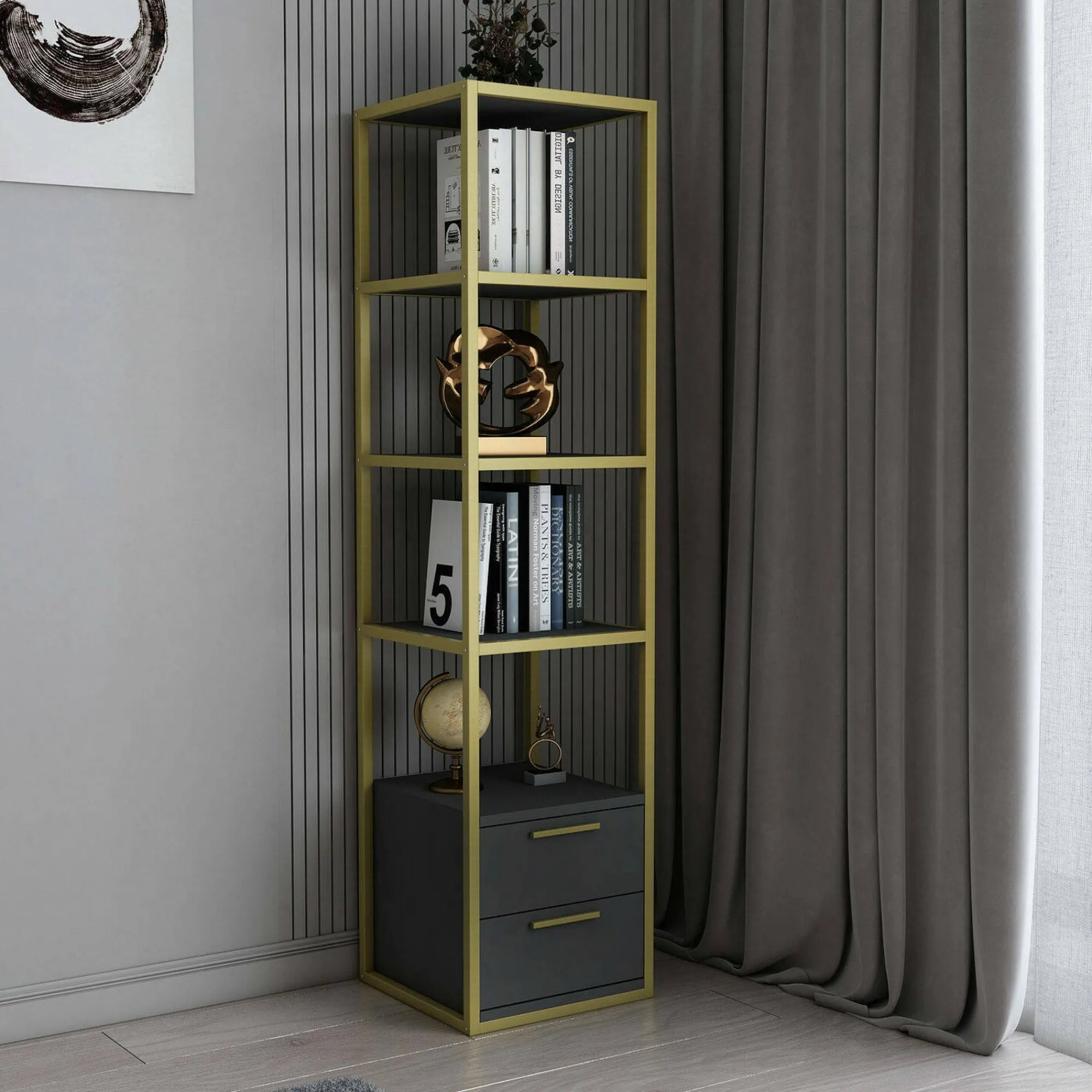 Libreria Arsim, 39x39h169 cm, Oro e Antracite<Dmora Hot