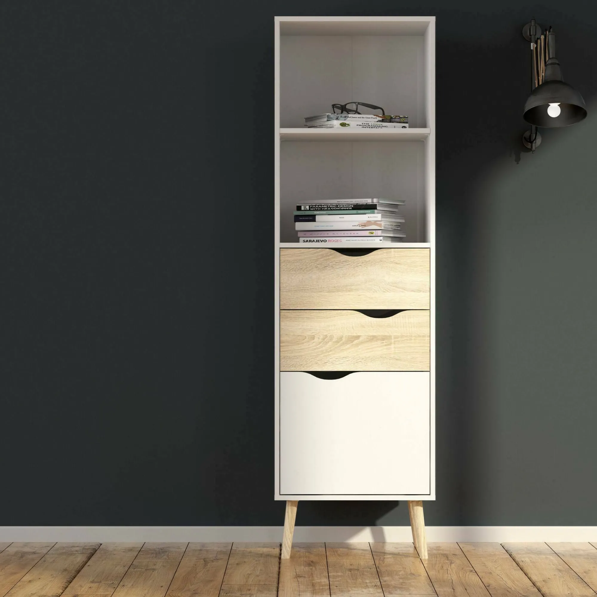 Libreria Assesor, 50x39 h171 cm, Bianco e Quercia<Dmora Store