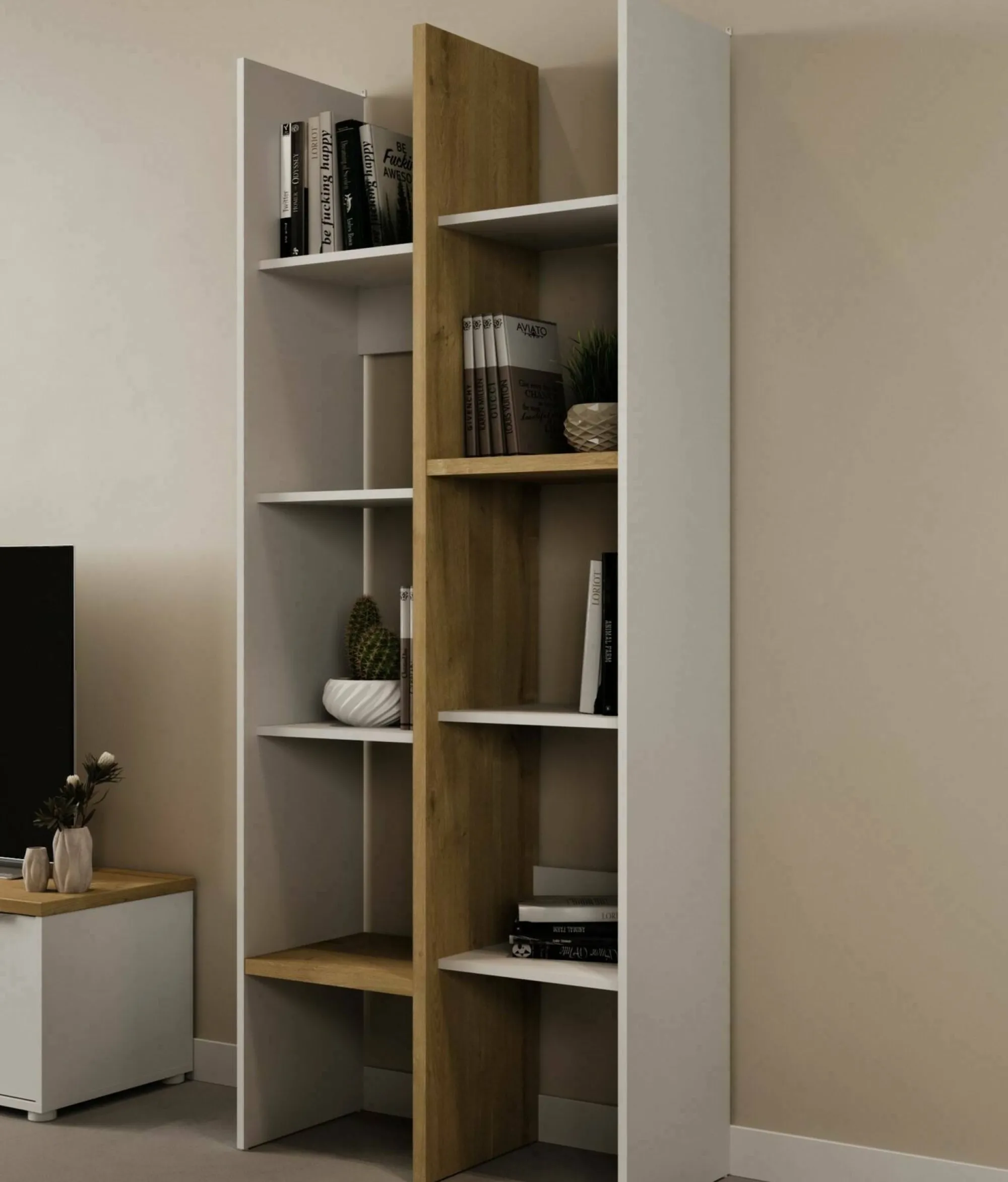 Libreria Badia, 76x33 h183 cm, Rovere e Bianco<Dmora Fashion