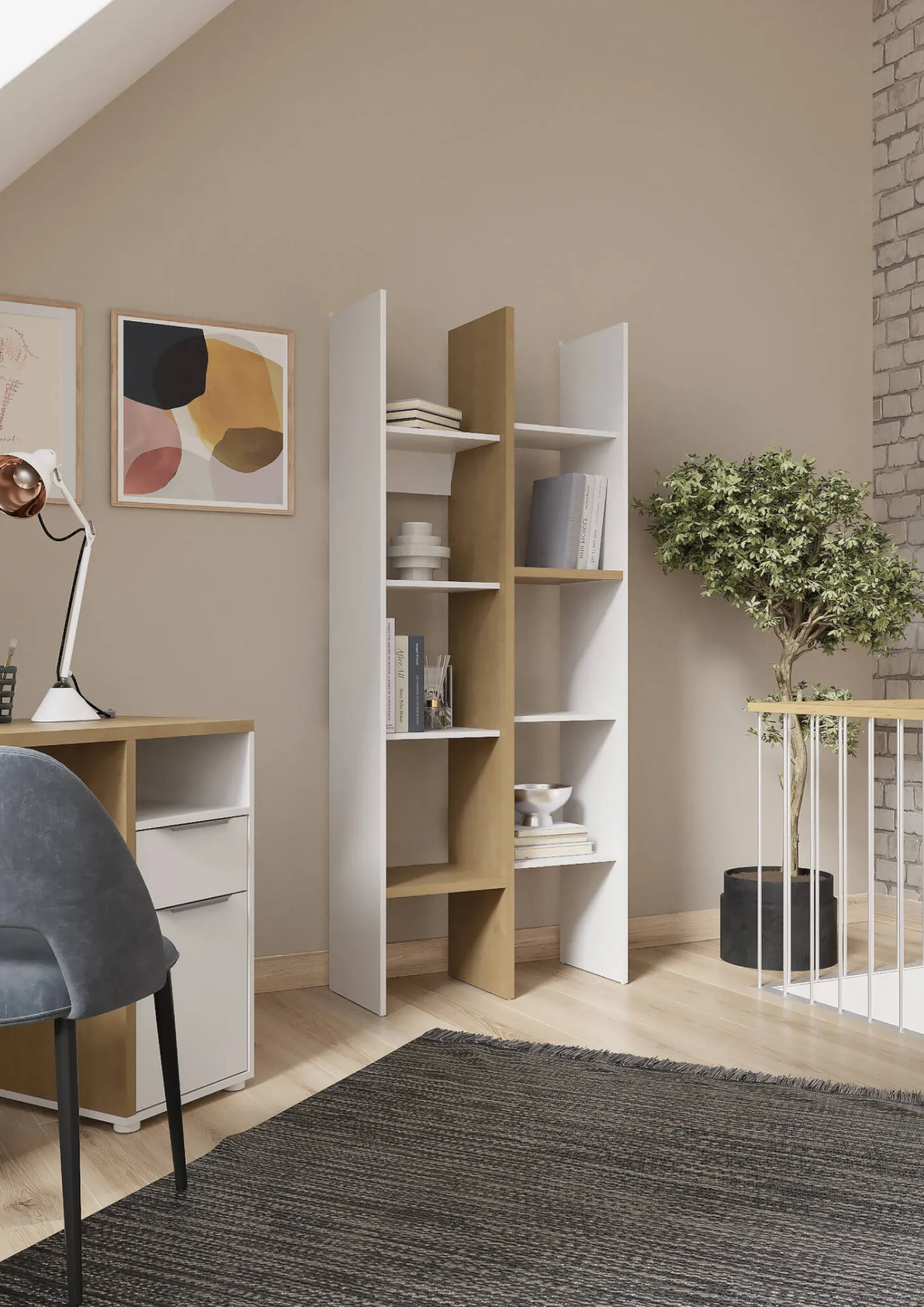 Libreria Badia, 76x33 h183 cm, Rovere e Bianco<Dmora Fashion