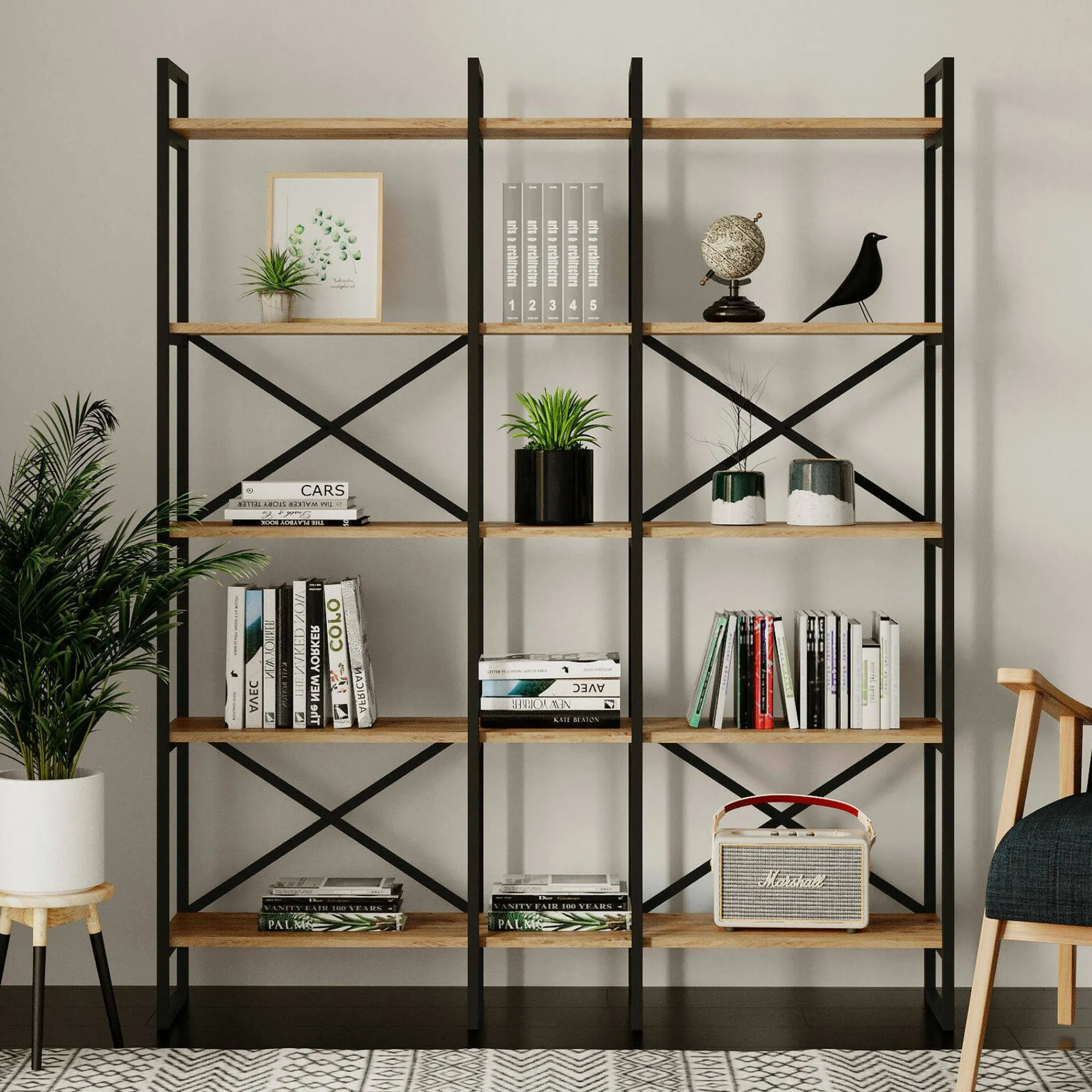 Libreria Berna, 144x30h175 cm, Quercia e Nero<Dmora Cheap