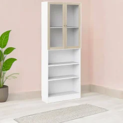 Libreria Chedeng, 28x79 h203 cm, Bianco e Quercia<Dmora New