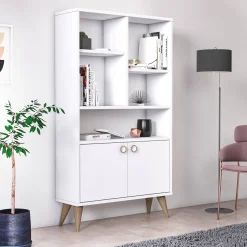 Libreria con due ante battenti e cinque scomparti aperti, cm 75 x 25 x 131, colore<Dmora New