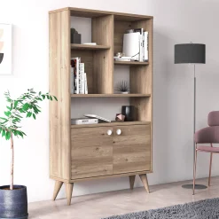Libreria con due ante battenti e cinque scomparti aperti, cm 75 x 25 x 131, colore<Dmora Online