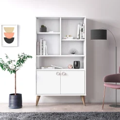 Libreria con due ante battenti e cinque scomparti aperti, cm 75 x 25 x 131, colore<Dmora New