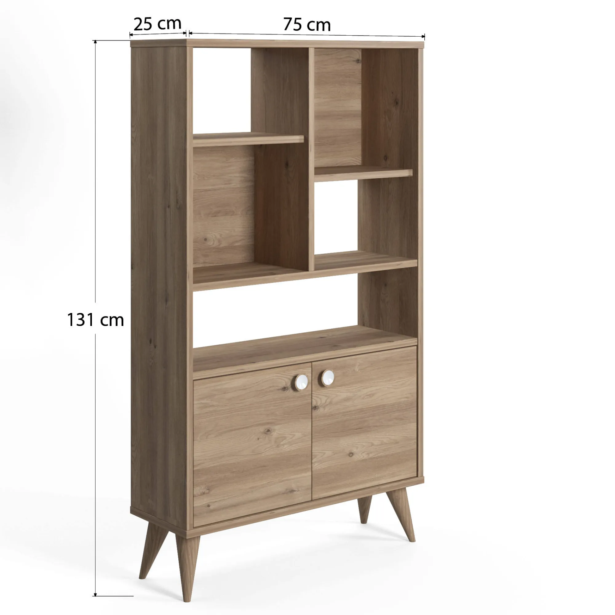 Libreria con due ante battenti e cinque scomparti aperti, cm 75 x 25 x 131, colore<Dmora Online