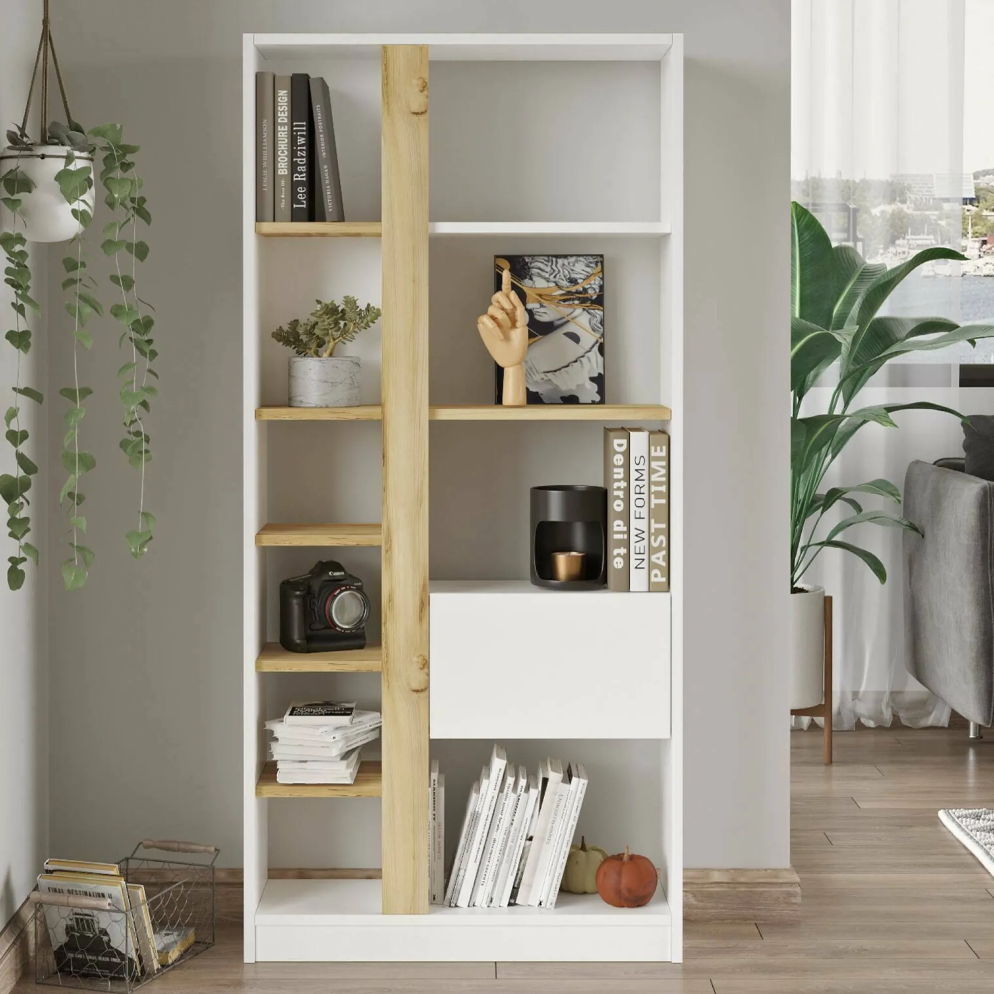 Libreria Dmandorlin, 76x25 h160 cm, Quercia e Bianco<Dmora Hot