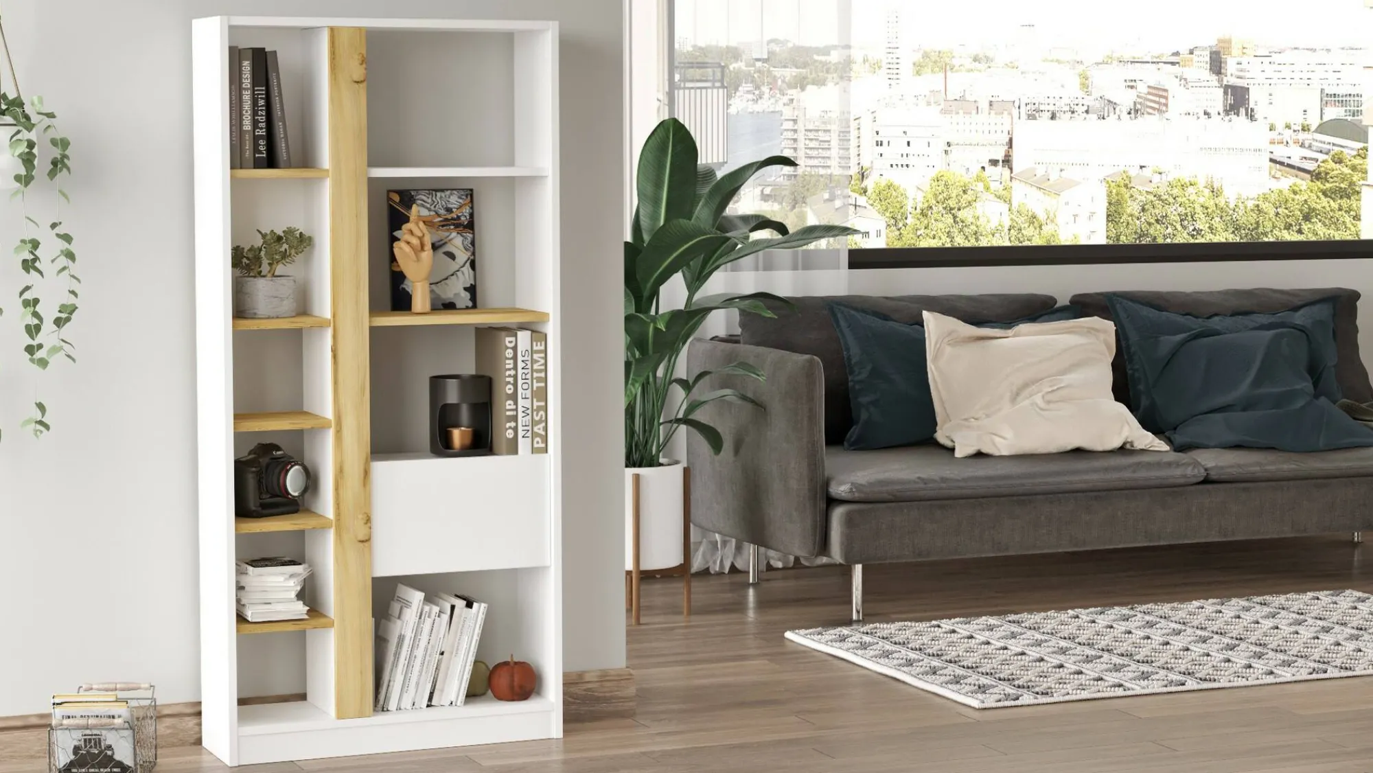 Libreria Dmandorlin, 76x25 h160 cm, Quercia e Bianco<Dmora Hot