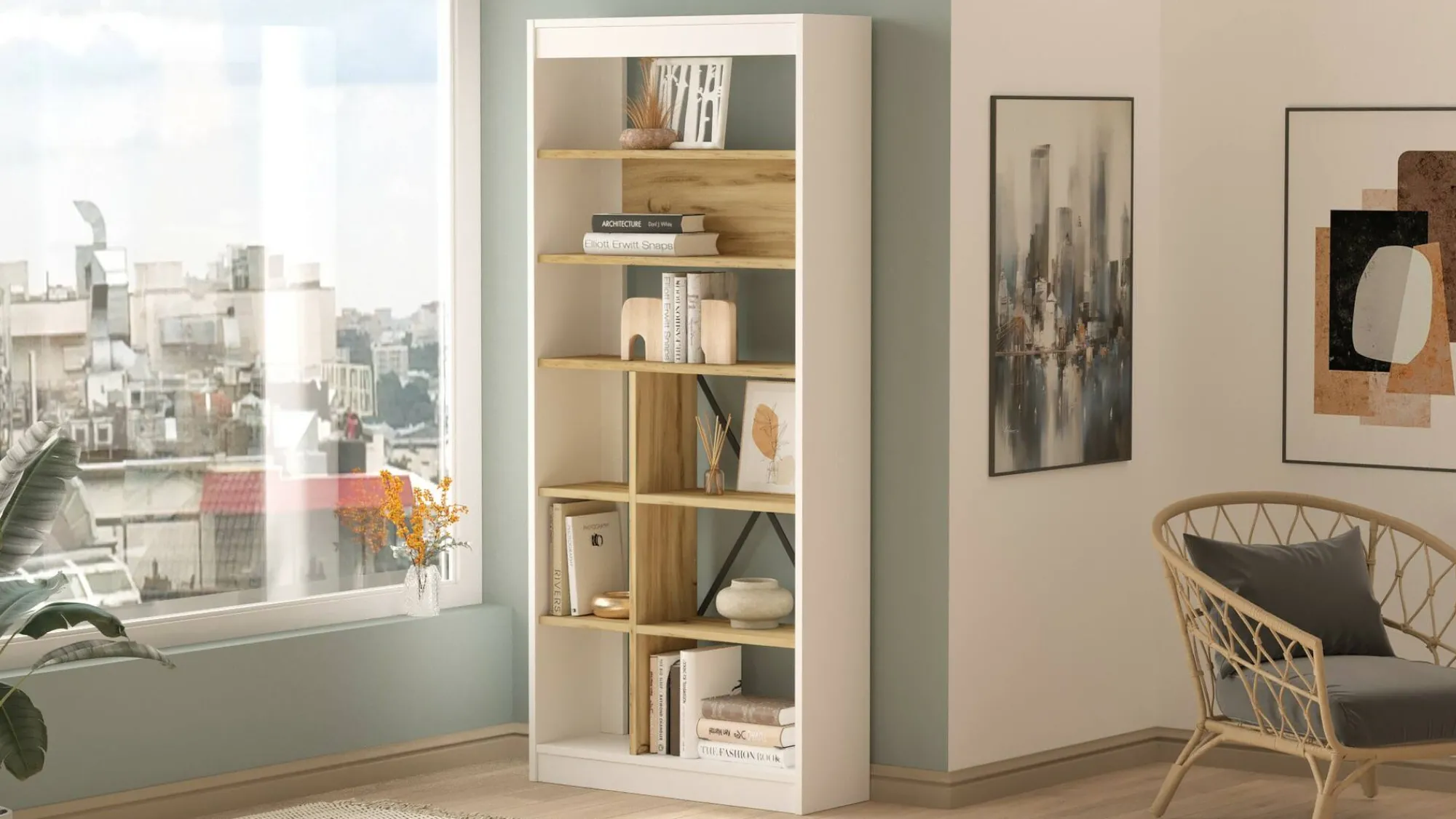 Libreria Emong, 76x25 h170 cm, Quercia e Bianco<Dmora Outlet