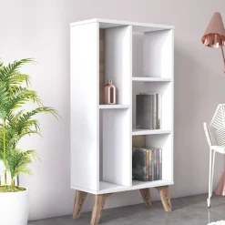 Libreria essenziale con cinque scomparti aperti di diverse misure, cm 55 x 25 x 106, colore con dettaglio noce<Dmora Cheap