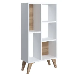 Libreria essenziale con cinque scomparti aperti di diverse misure, cm 55 x 25 x 106, colore con dettaglio noce<Dmora Cheap