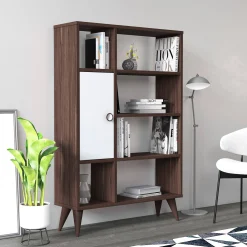 Libreria essenziale con sei scomparti aperti e un'anta battente, cm 80 x 25 x 121, colore con dettaglio bianco<Dmora Cheap