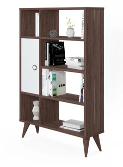 Libreria essenziale con sei scomparti aperti e un'anta battente, cm 80 x 25 x 121, colore con dettaglio bianco<Dmora Shop