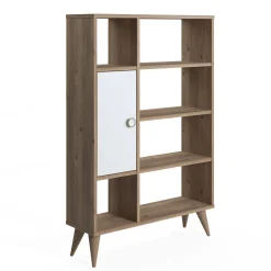 Libreria essenziale con sei scomparti aperti e un'anta battente, cm 80 x 25 x 121, colore con dettaglio bianco<Dmora Discount