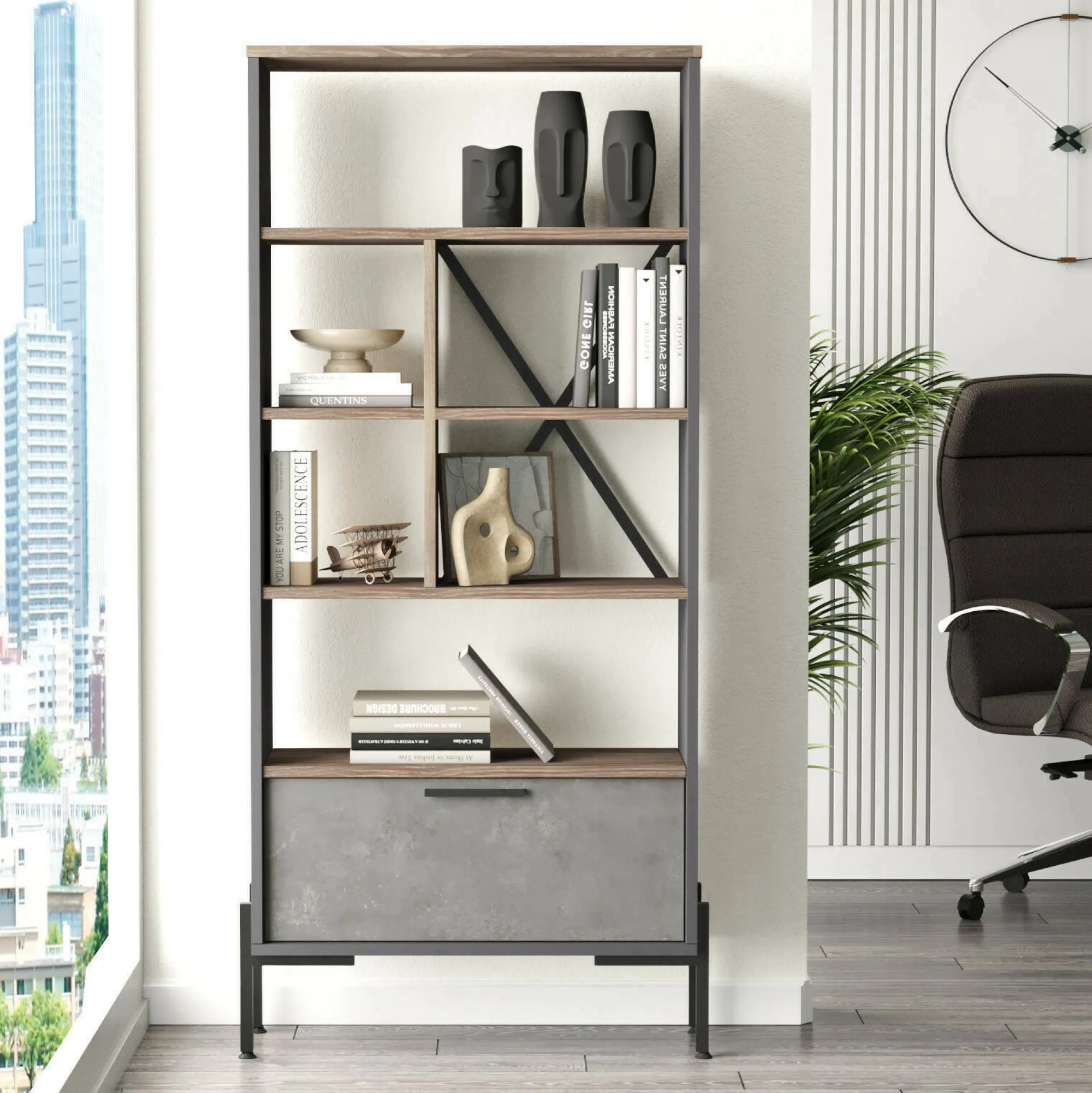Libreria Fabrice, 76x45 h161 cm, Marrone e Grigio<Dmora Store