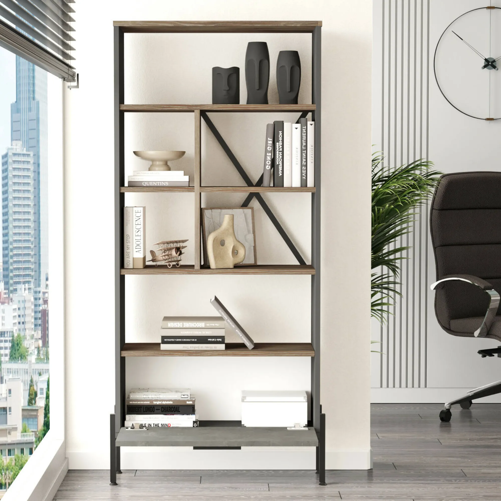 Libreria Fabrice, 76x45 h161 cm, Marrone e Grigio<Dmora Store