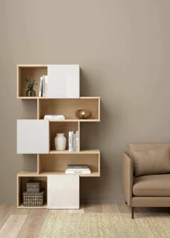 Libreria Flavie, Scaffale da ufficio, Mobile portalibri, Biblioteca, 32x96 h166 cm, Rovere e Bianco<Dmora Fashion