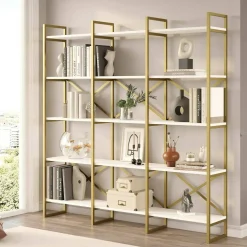 Libreria Gauro, 170x30h175 cm, Bianco e Oro<Dmora Sale