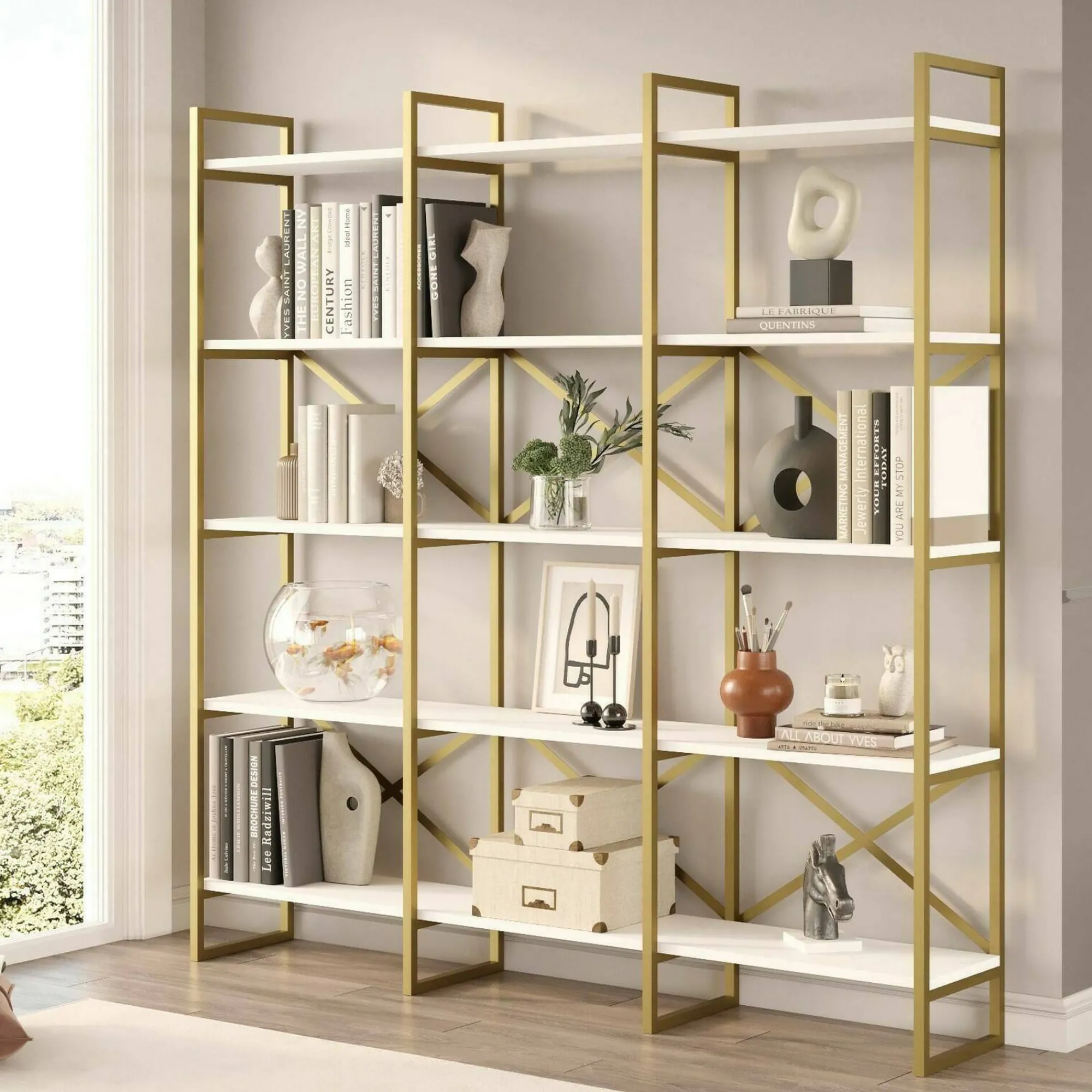 Libreria Gauro, 170x30h175 cm, Bianco e Oro<Dmora Sale