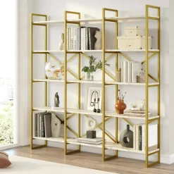 Libreria Gauro, 170x30h175 cm, Bianco e Oro<Dmora Discount