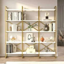 Libreria Gauro, 170x30h175 cm, Bianco e Oro<Dmora Sale