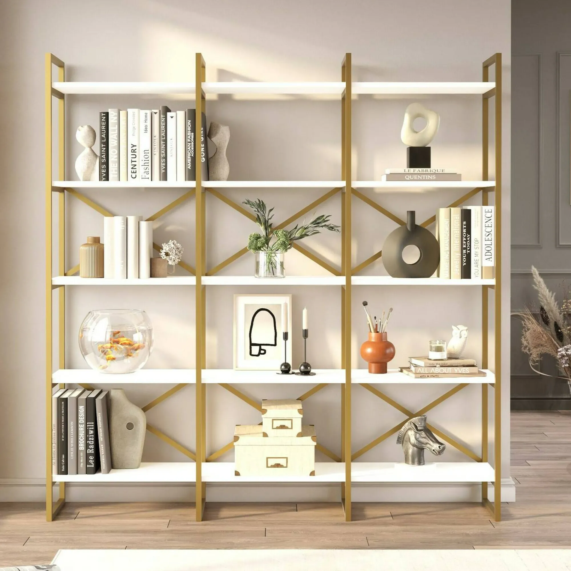 Libreria Gauro, 170x30h175 cm, Bianco e Oro<Dmora Sale