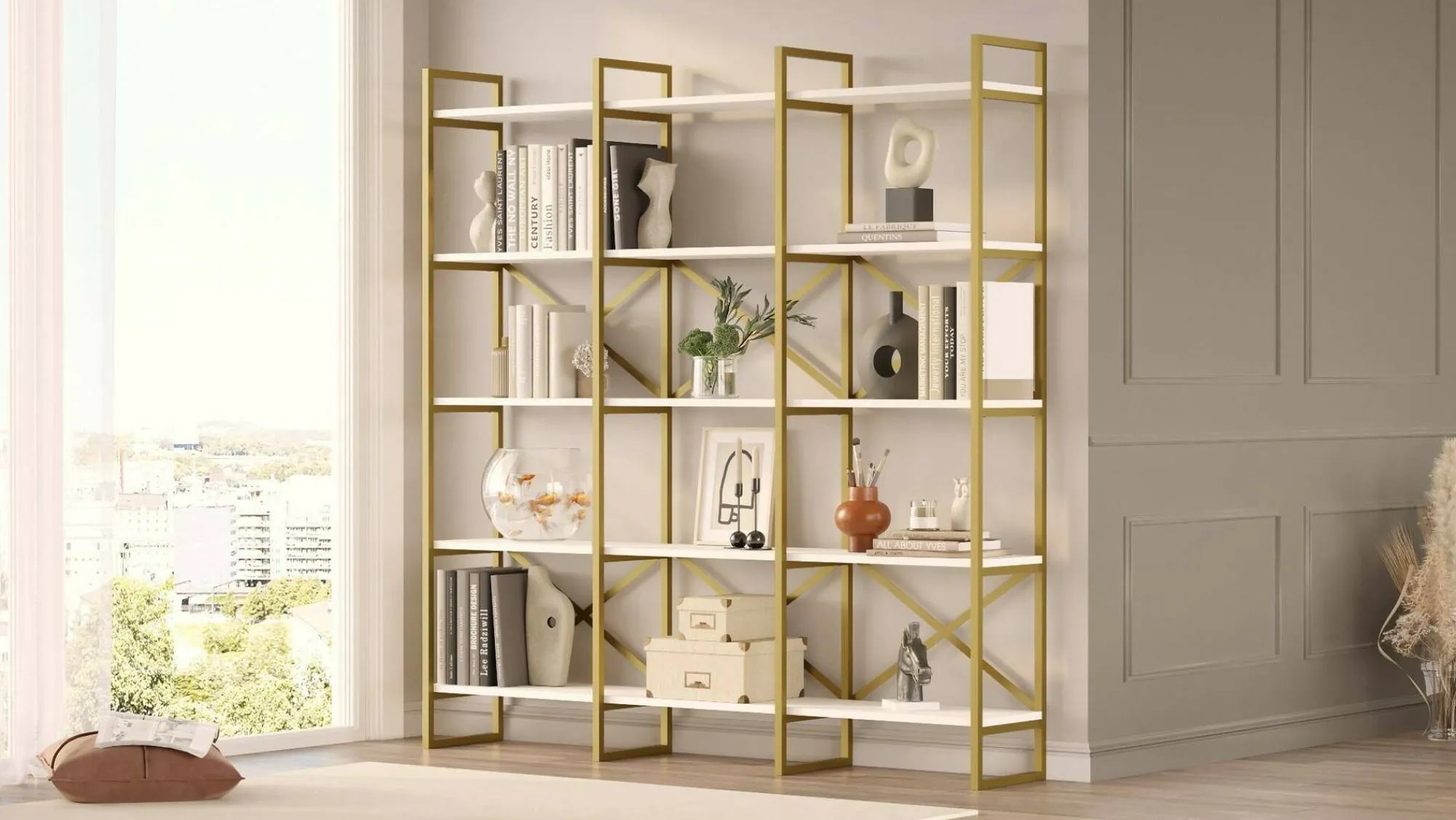 Libreria Gauro, 170x30h175 cm, Bianco e Oro<Dmora Sale