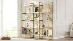 Libreria Gauro, 170x30h175 cm, Bianco e Oro<Dmora Discount