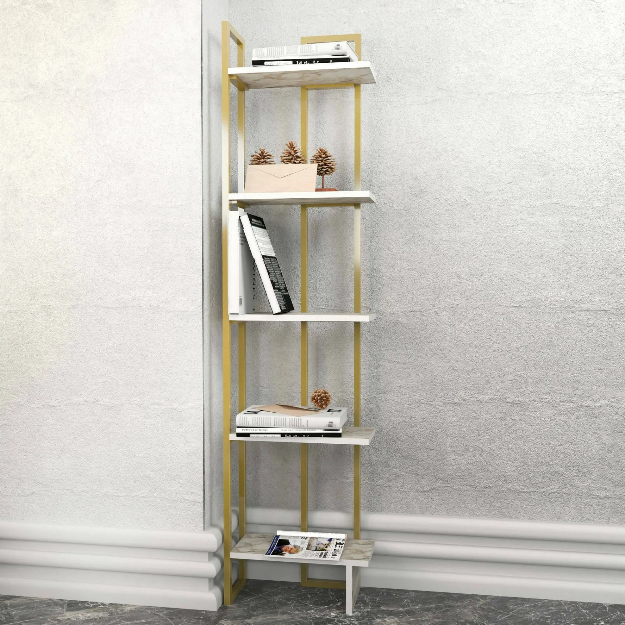 Libreria Giraffa, 45x22h180 cm, Bianco e Oro<Dmora Sale