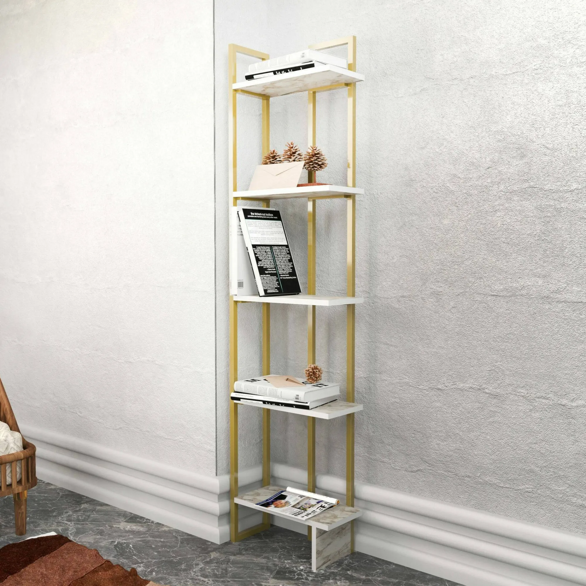 Libreria Giraffa, 45x22h180 cm, Bianco e Oro<Dmora Sale