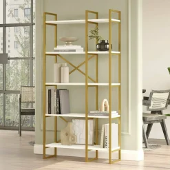 Libreria Isla, 88x30h175 cm, Bianco e Oro<Dmora Cheap