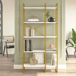 Libreria Isla, 88x30h175 cm, Bianco e Oro<Dmora Cheap