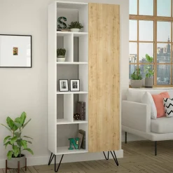 Libreria Lince, 79x32 h190 cm, Bianco e Quercia<Dmora Shop