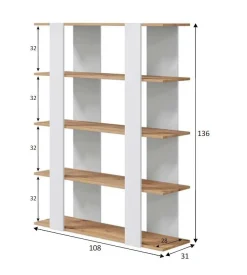 Libreria Madreperla, 108x31h136 cm, Rovere Nodi e Bianco lucido<Dmora Online