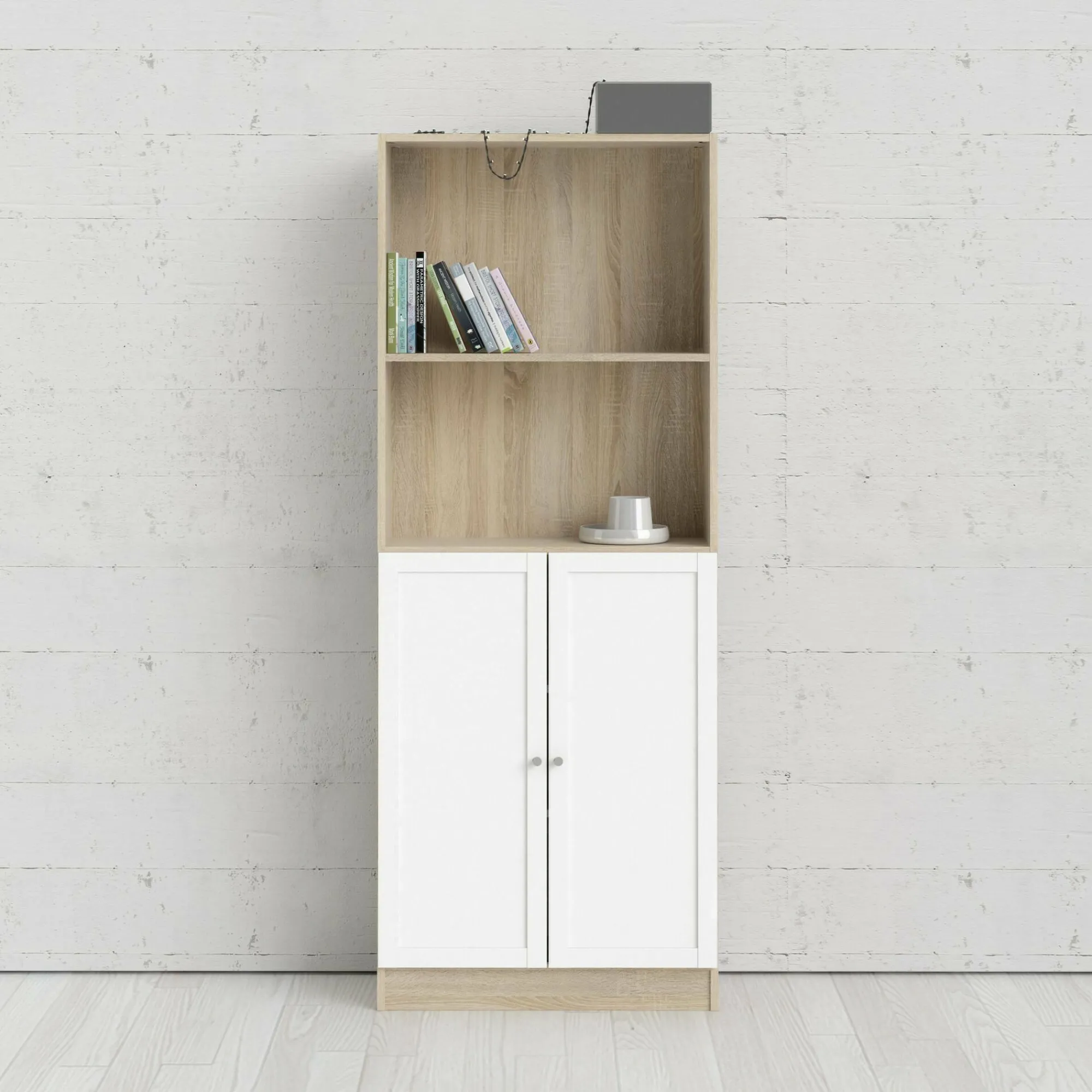 Libreria Michel, 28x79 h203 cm, Quercia e Bianco<Dmora Discount