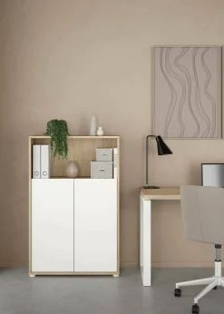 Libreria Perrine, Scaffale da ufficio, Mobile portalibri, Biblioteca, 34x80 h124 cm, Rovere e Bianco<Dmora Fashion