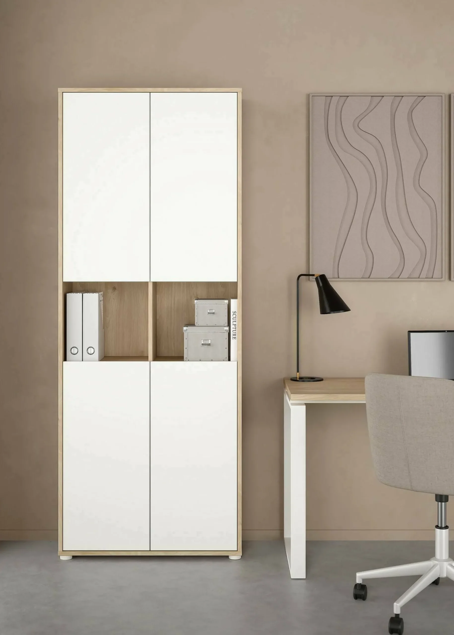 Libreria Roseline, Scaffale da ufficio, Mobile portalibri, Biblioteca, 34x80 h205 cm, Rovere e Bianco<Dmora Clearance