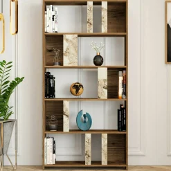 Libreria Scapolita, 90x20h180 cm, Noce e Bianco Marmo<Dmora Sale