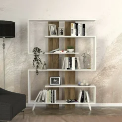 Libreria Spodumene, 120x20h162 cm, Bianco e Noce<Dmora Shop
