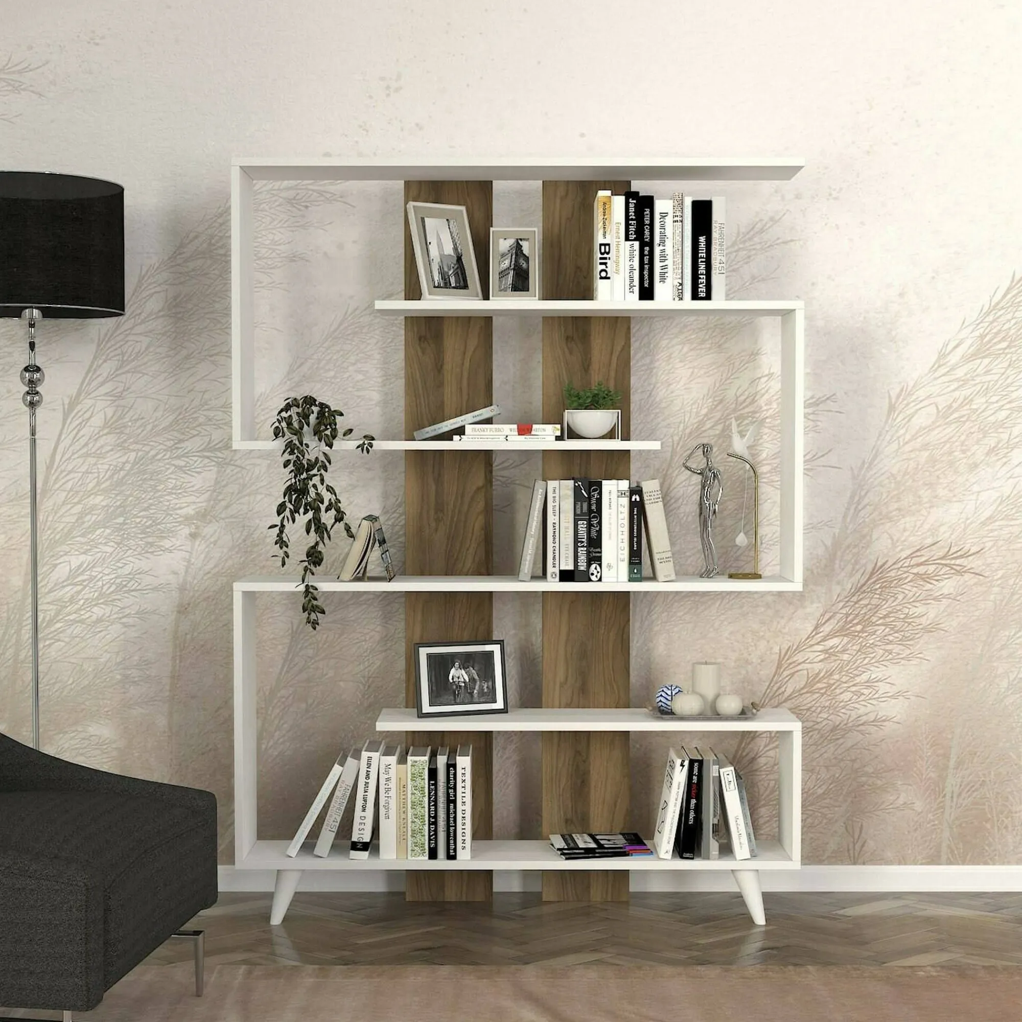 Libreria Spodumene, 120x20h162 cm, Bianco e Noce<Dmora Shop
