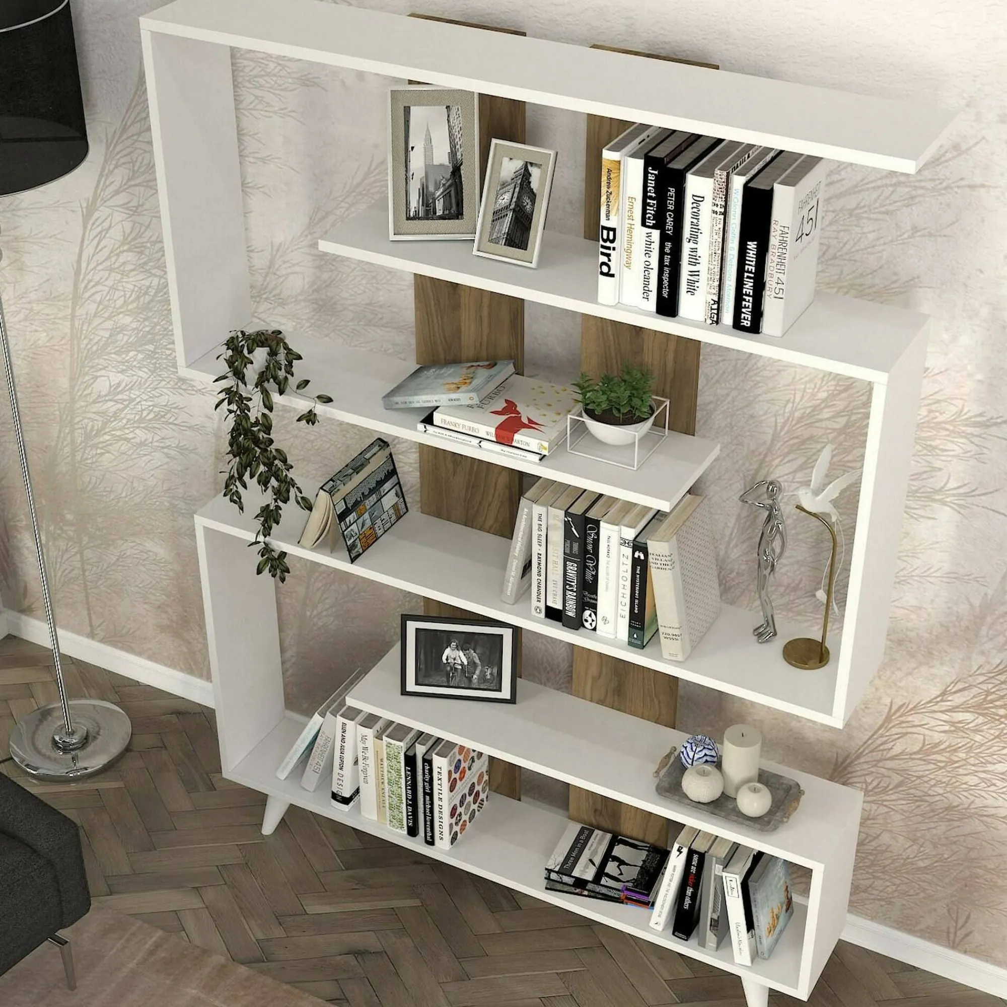 Libreria Spodumene, 120x20h162 cm, Bianco e Noce<Dmora Shop