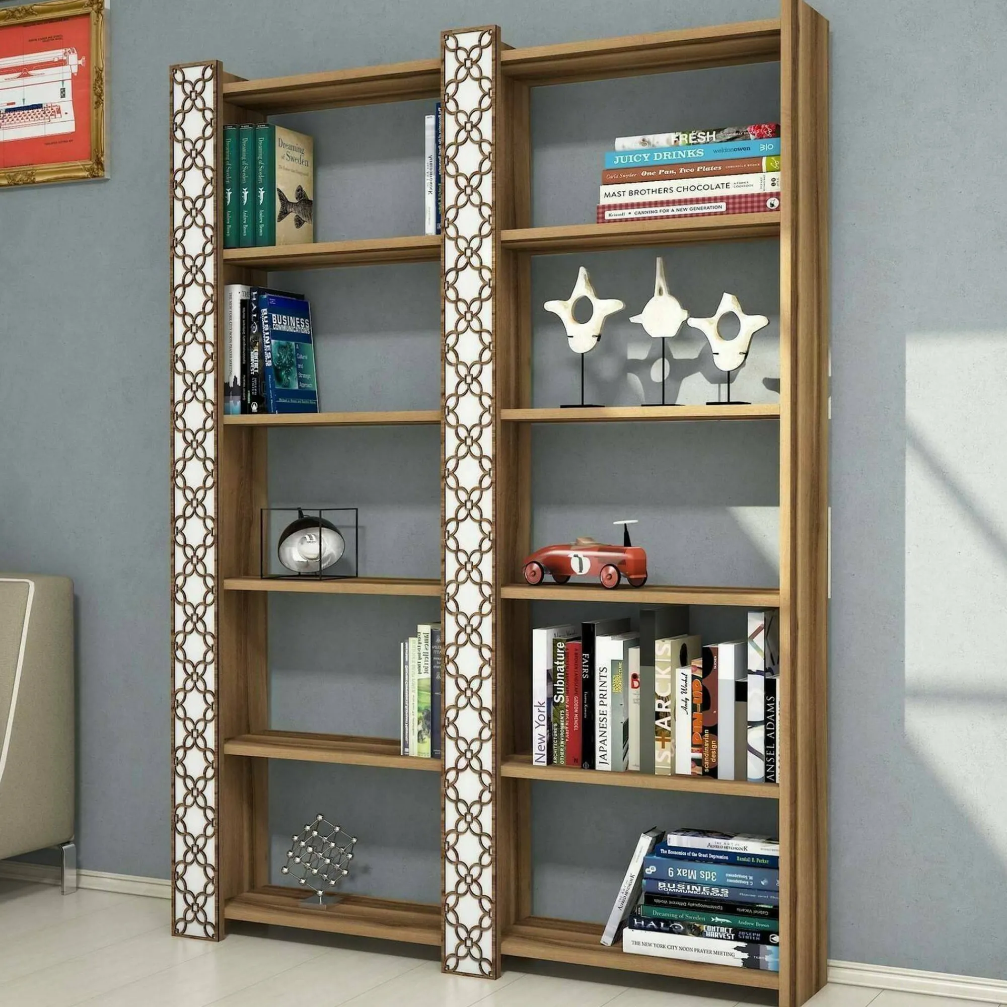 Libreria Vele, Noce e Bianco, 125x24h170 cm<Dmora Sale