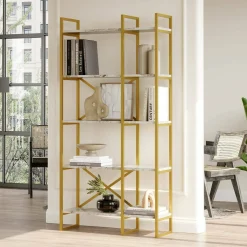 Libreria Zephirine, 88x30 h175 cm, Oro e Bianco Marmo<Dmora Cheap