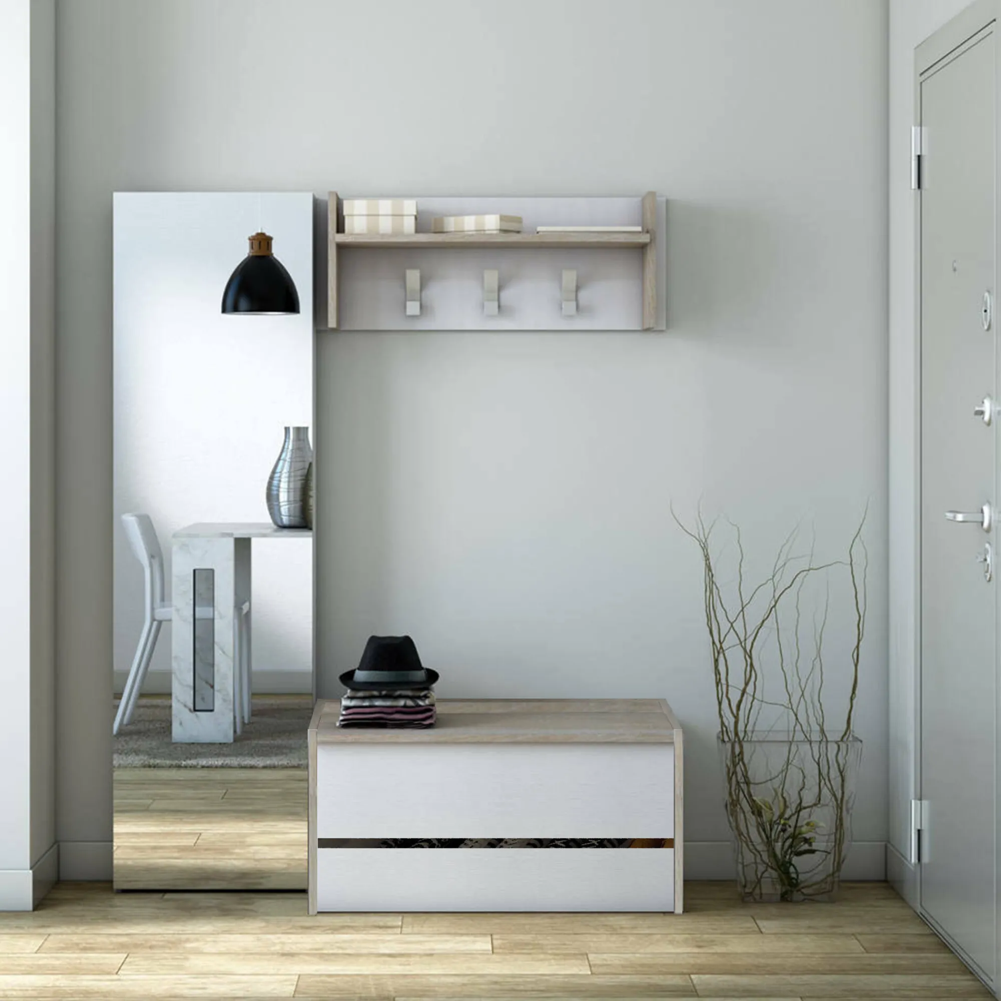 Mobile da ingresso Actinolite, Cm 50x32h182, Rovere e Bianco<Dmora Discount