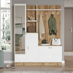 Mobile da ingresso Anumali, 140x37h182 cm, Quercia e Bianco<Dmora Sale