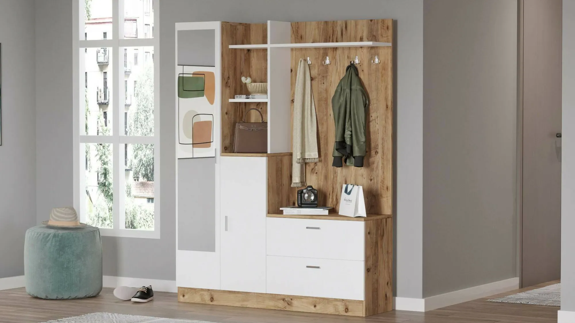 Mobile da ingresso Anumali, 140x37h182 cm, Quercia e Bianco<Dmora Sale
