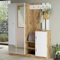Mobile da ingresso Arcibaldo, 147x38h180 cm, Quercia e Bianco<Dmora Shop