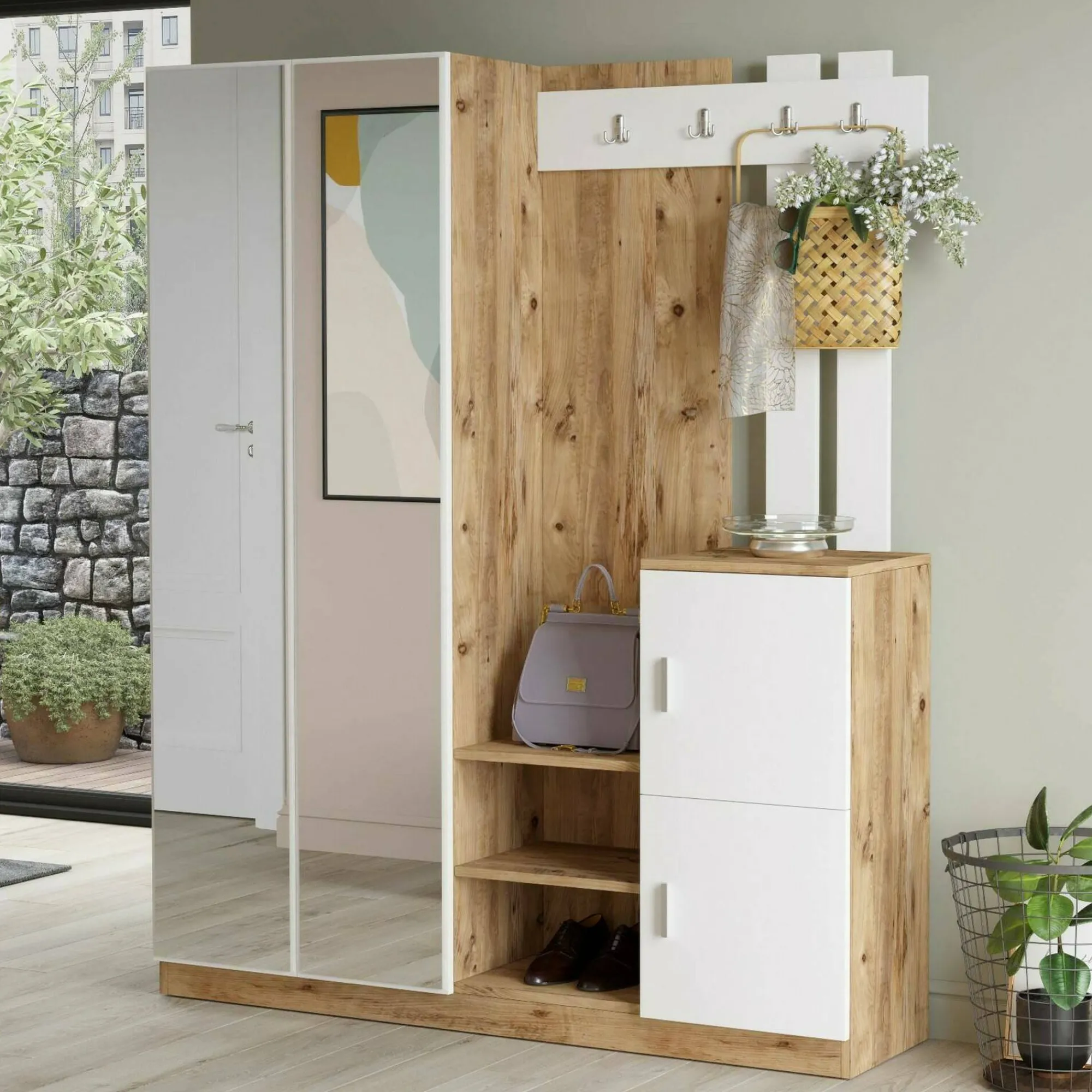 Mobile da ingresso Arcibaldo, 147x38h180 cm, Quercia e Bianco<Dmora Shop